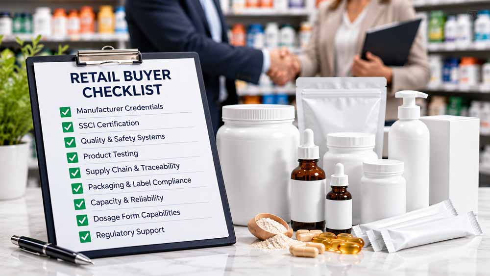 Retail buyer checklist for supplement manufacturer credentials, including SSCI certification