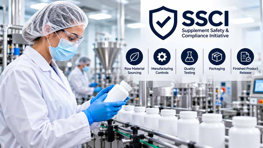 Quality technician inspecting supplement bottles on an SSCI-certified manufacturing line