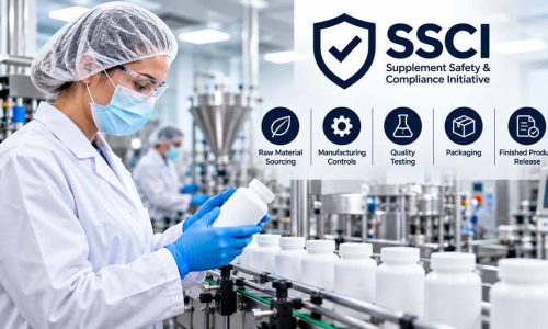 Quality technician inspecting supplement bottles on an SSCI-certified manufacturing line