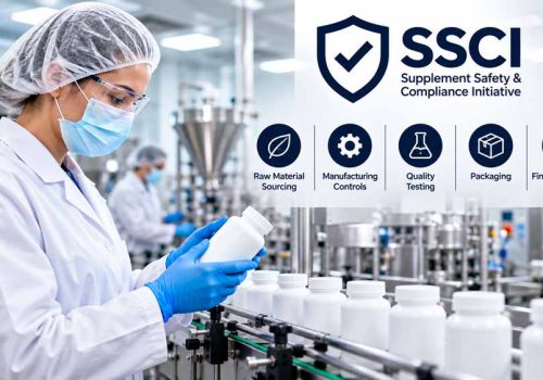 Quality technician inspecting supplement bottles on an SSCI-certified manufacturing line